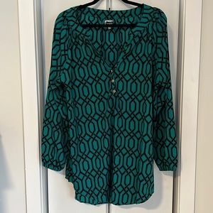 Green and black patterned tunic blouse with gold buttons